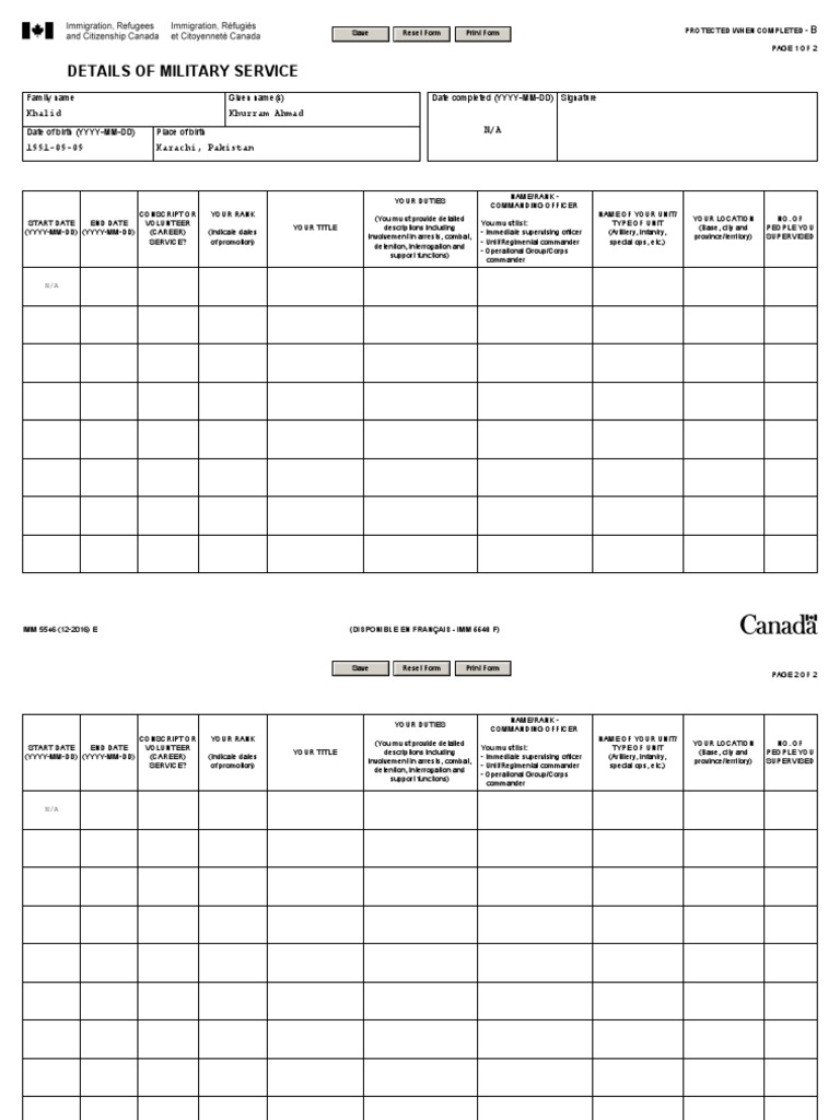 Military Service Details Form IMM 5546 | PDF | Regiment | Defense Policy