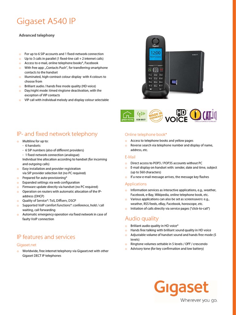 Siemens Gigaset A540iP Analogue & VOIP Cordless Phone Datasheet PDF