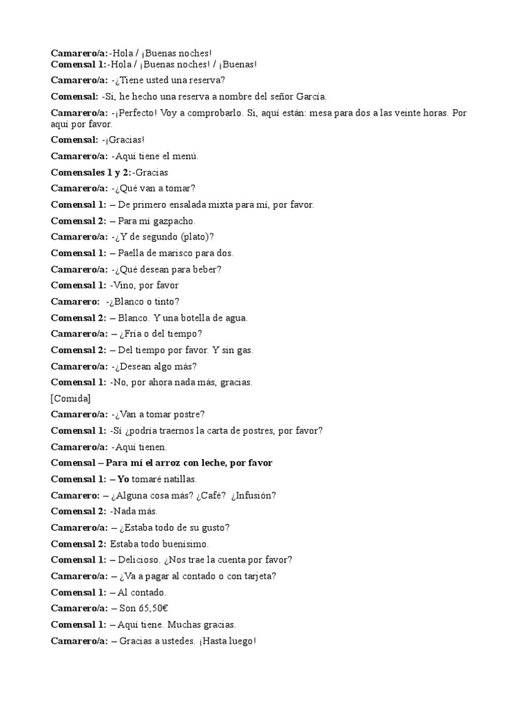 Dialogo de Ingles Nuevo y Antiguo en Español e Ingles PDF Comida y