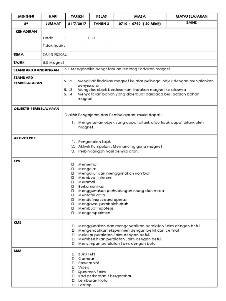 Contoh RPH Sains dan Seni Visual | PDF
