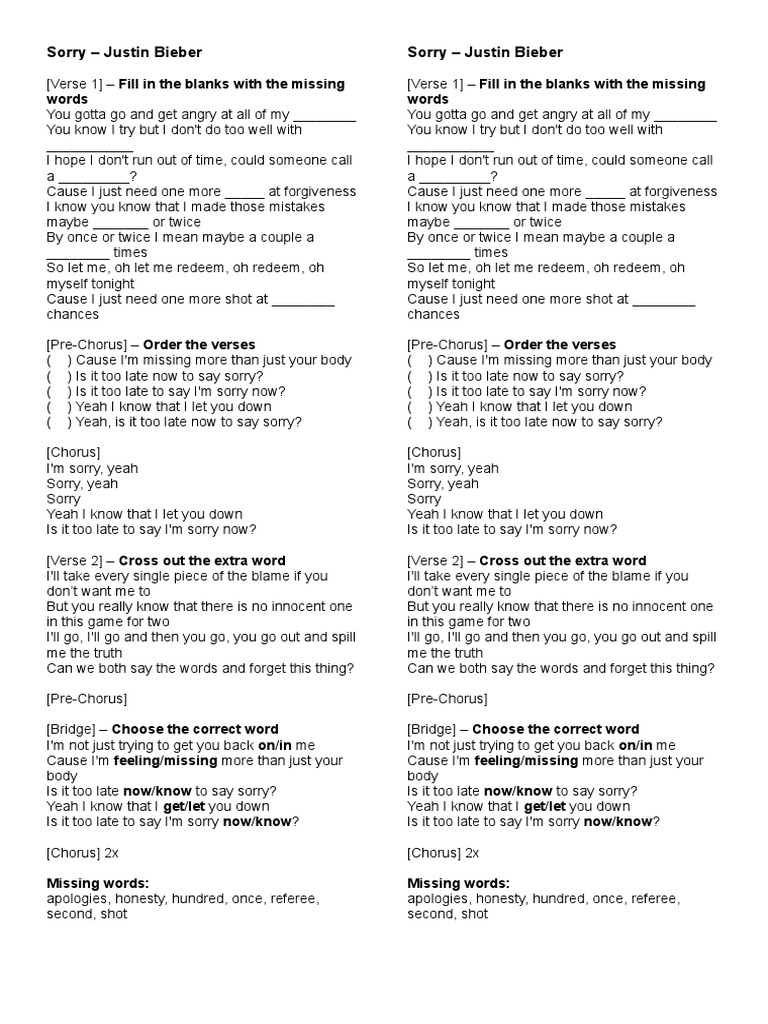 Song Worksheet: Sorry by Justin Bieber