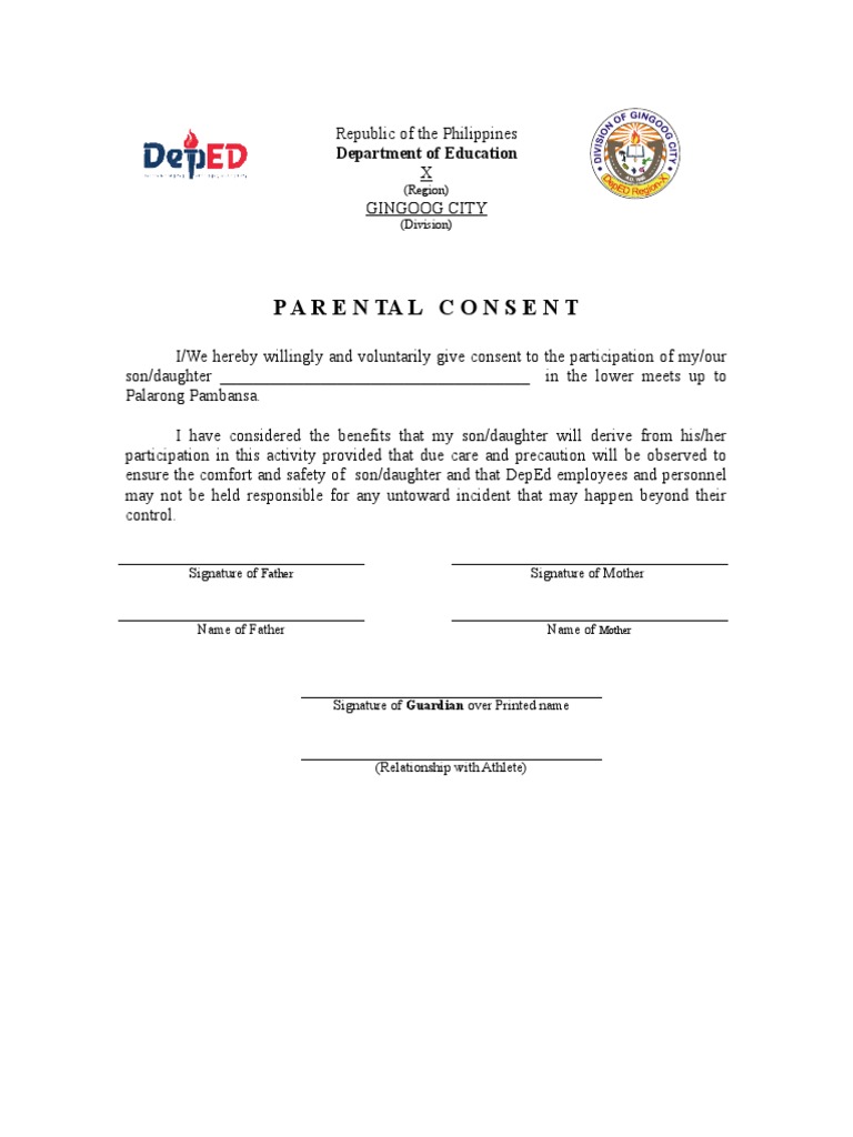 Parental Consent Form for Student Participation in Lower Athletic Meets ...