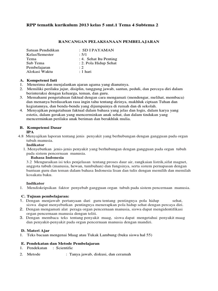 Rpp Tematik Kurikulum 2013 Kelas 5 Smt