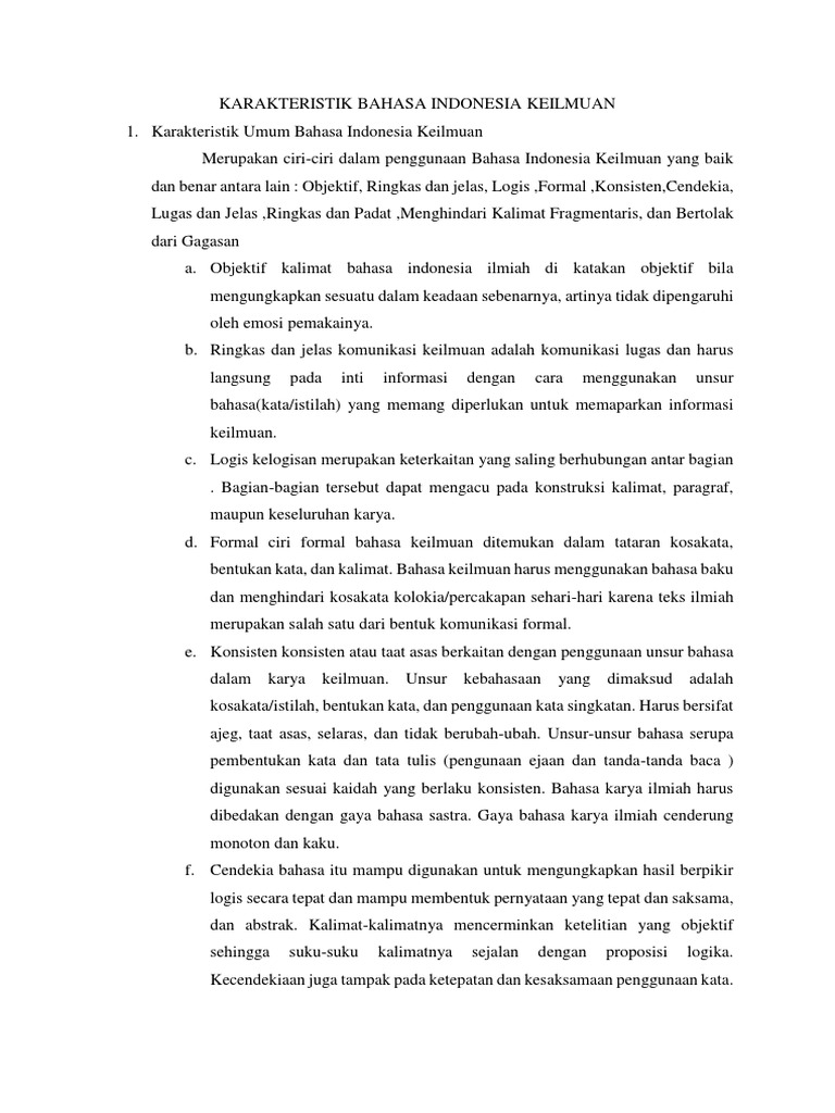 Karakteristik Bahasa Indonesia Keilmuan | PDF
