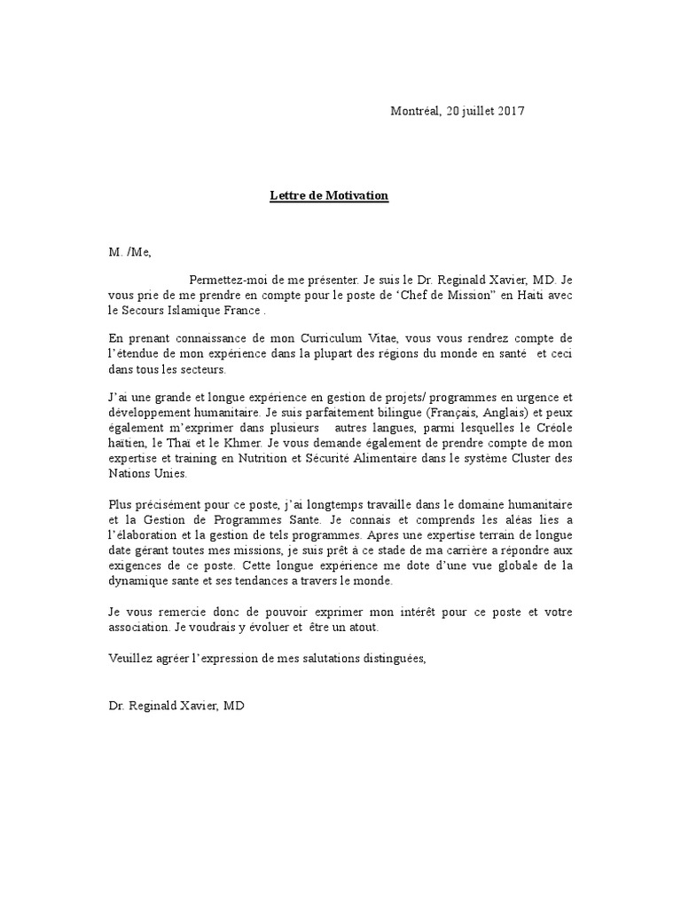 Lettre De Motivation Secteur Humanitaire