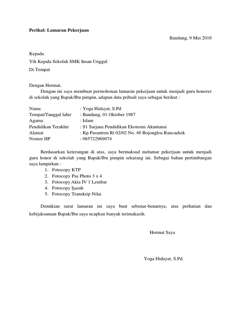 Contoh Cv Untuk Melamar Jadi Guru