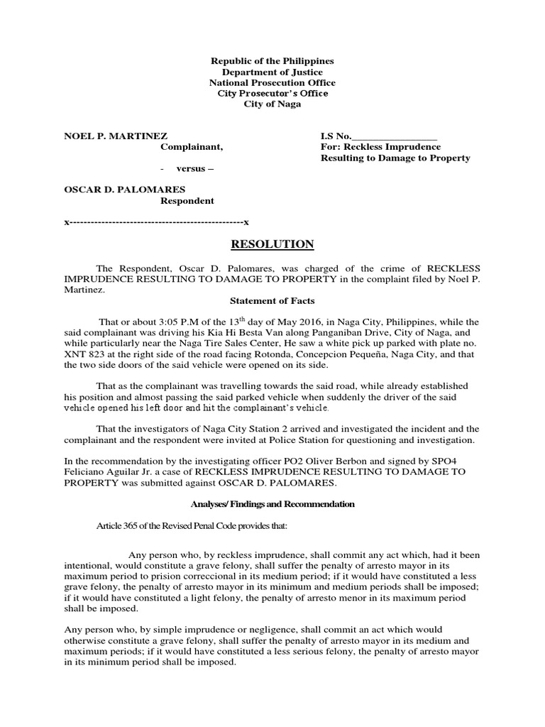 Reckless Imprudence Resulting to Damage to Property Fine (Penalty