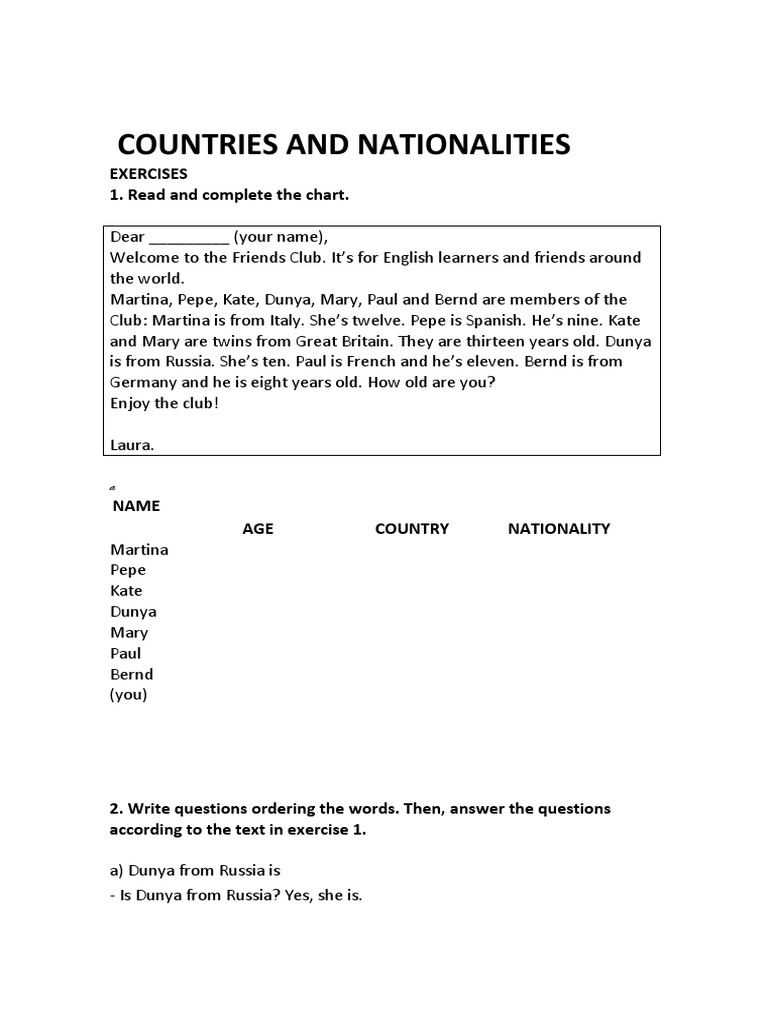 Countries & Nationalities Exercises | PDF | Linguistics | Human ...