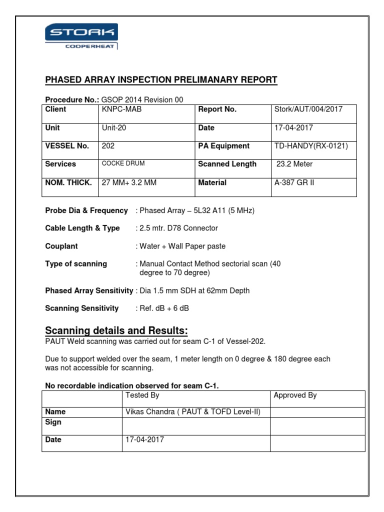 Phased Array Inspection Prelimanary Report: Scanning Details and ...