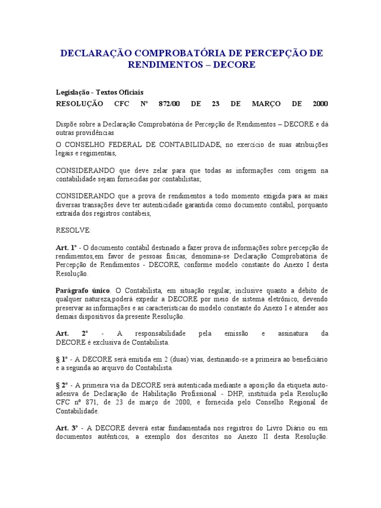 DECLARAÇÃO DE RENDIMENTOS - DECORE | Imposto de Renda | Escrituração ...
