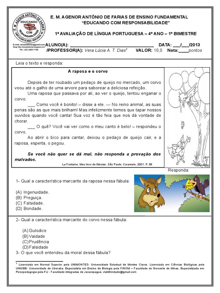 Avaliação de Língua Portuguesa - 4º Ano | PDF