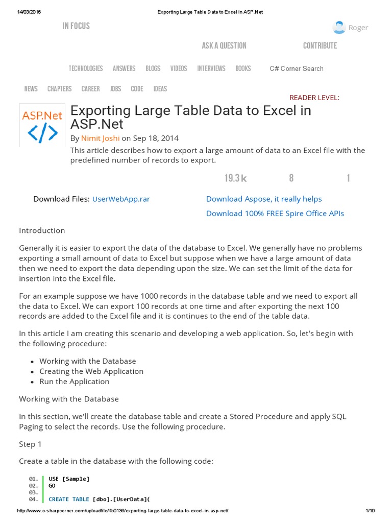 Exporting Large Table Data To Excel in ASP PDF Microsoft Excel