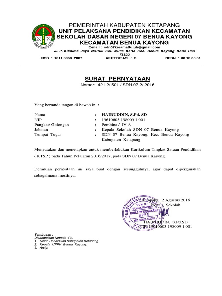 Surat Pernyataan Pemberlakuan Kurikulum