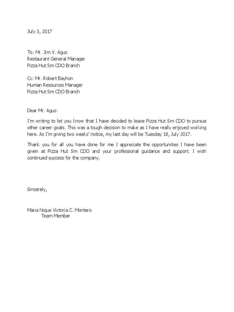 Resignation Letter For Restaurant Manager - Sample Resignation Letter