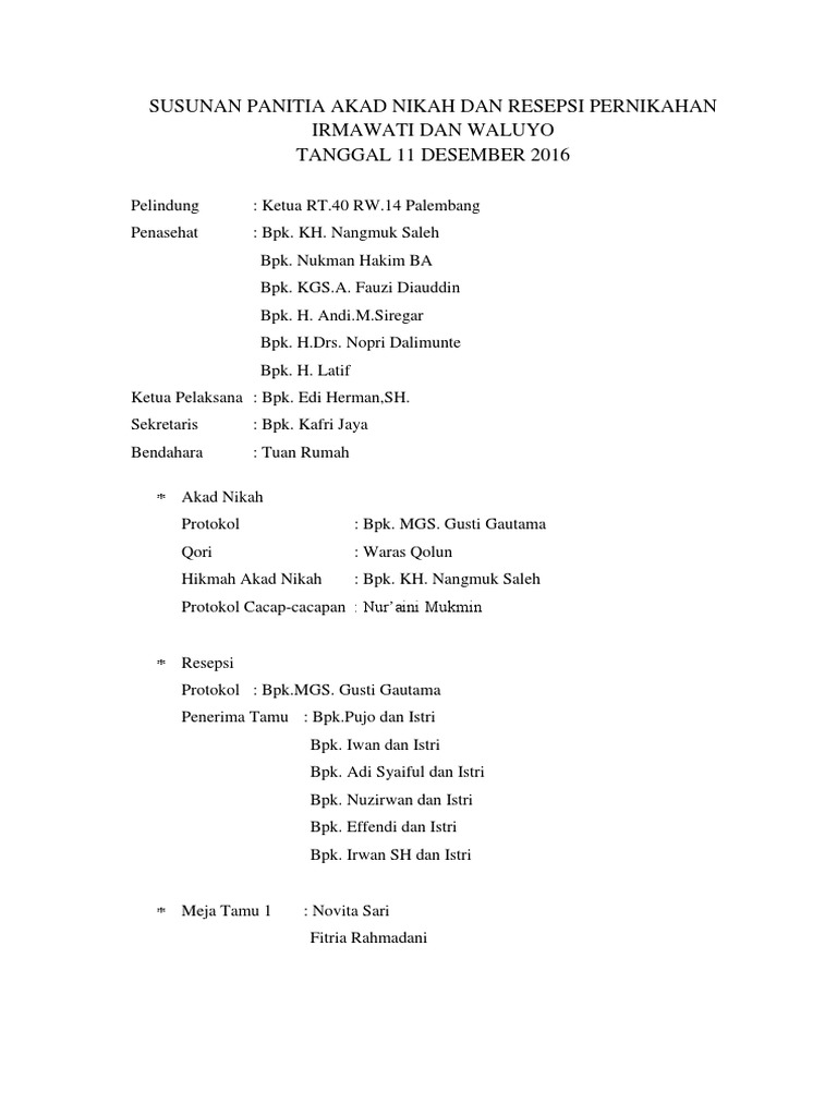 Susunan Panitia Pernikahan Irmawati-Waluyo | PDF