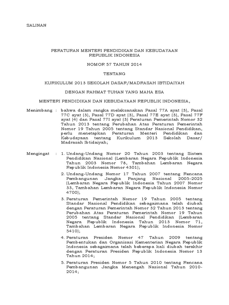 Permendikbud Nomor 57 Tahun 2014 - Kurikulum 2013 SDMI PDF | PDF