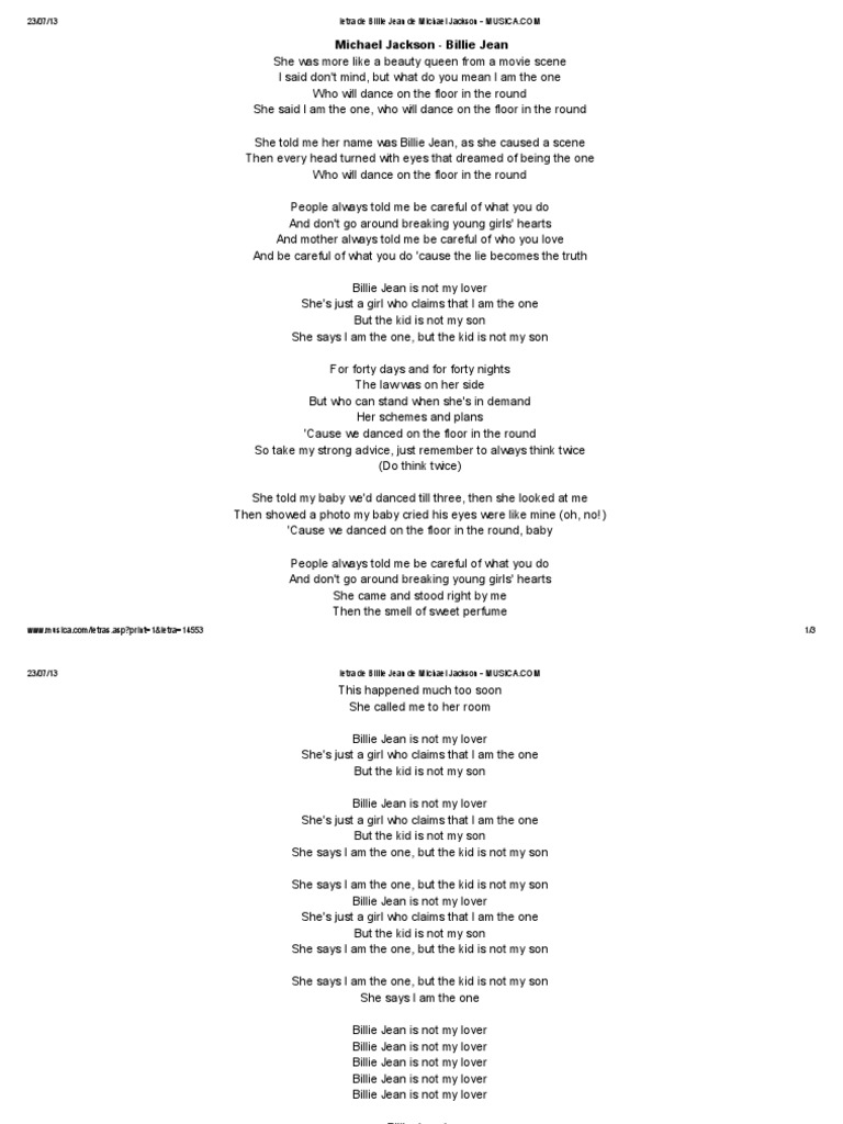 Letra de Billie Jean de Michael Jackson MUSICA Michael Jackson Leisure