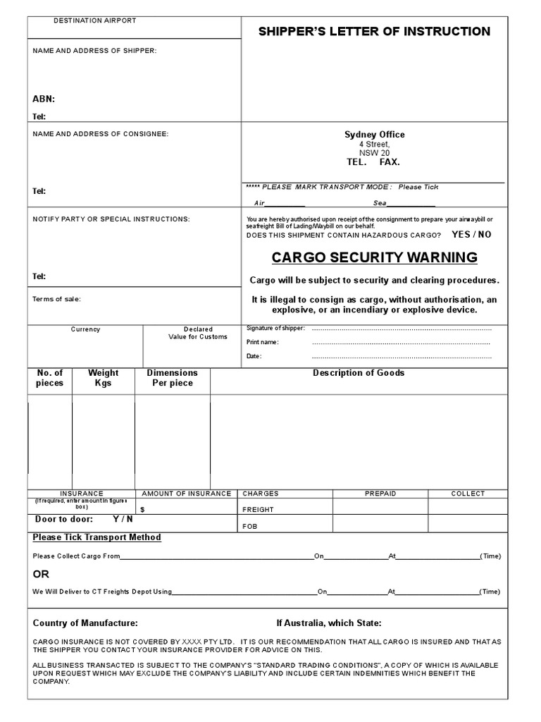 Shipper's Letter of Instruction Template | PDF | Cargo | Bill Of Lading