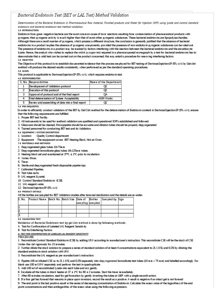 Bacterial Endotoxin Test (BET or LAL Test) Method Validation