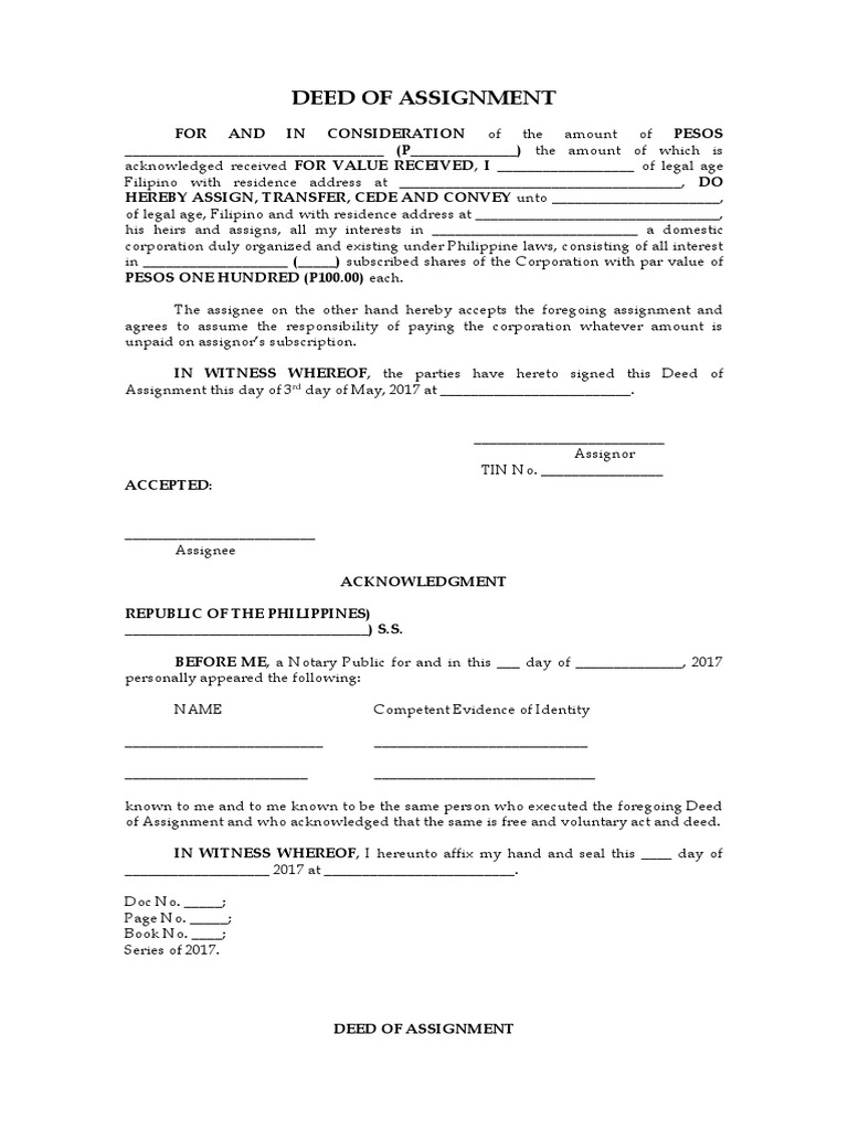 debt assignment deed