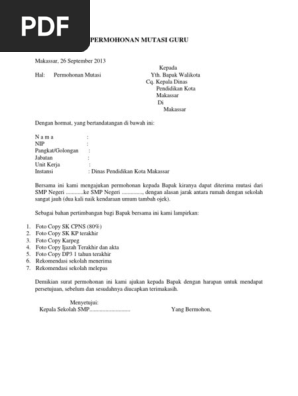 Contoh Surat Permohonan Mutasi Guru