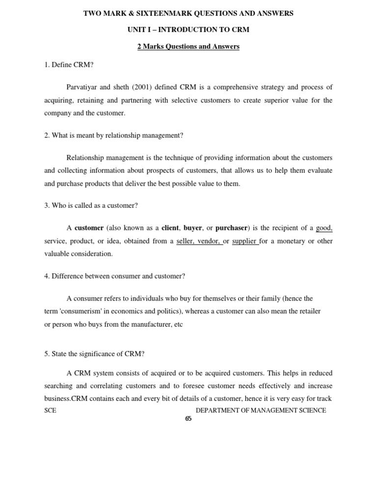 Unit 1 And 2 Questions And Answers Customer Relationship Management Marketing