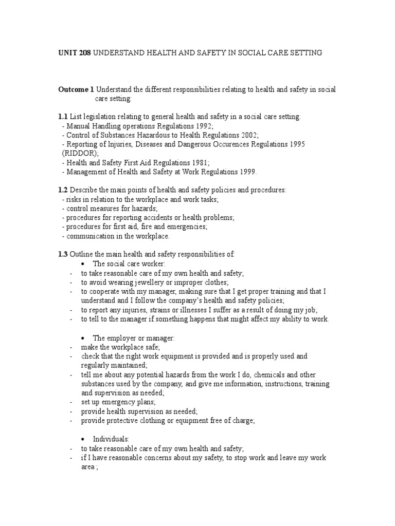 Unit 208 Understand Health and Safety in Social Care Setting | PDF ...