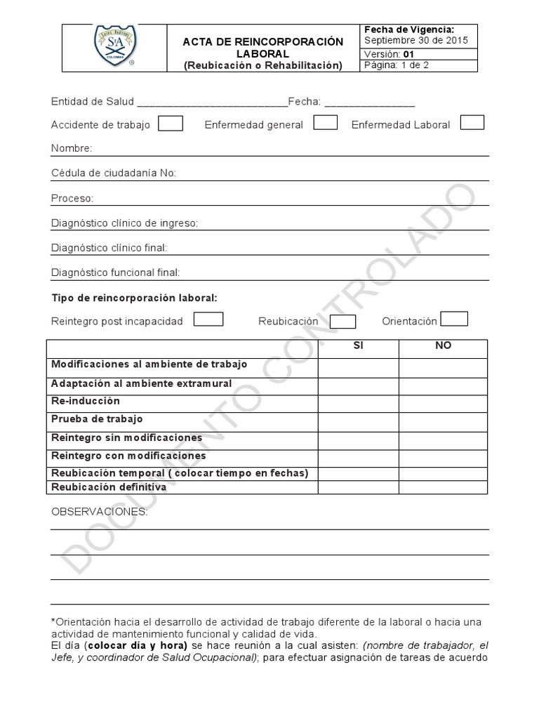 Acta de Reincorporacion Laboral | Descargar gratis PDF | Diagnostico ...