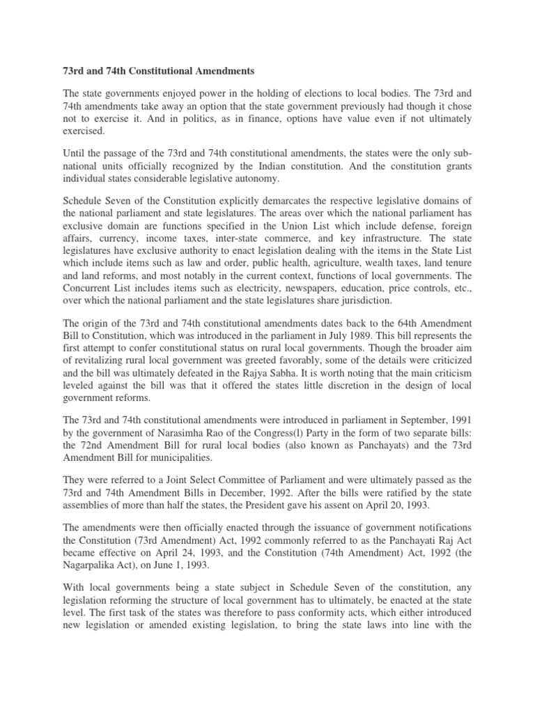 73rd And 74th Constitutional Amendments Upsc
