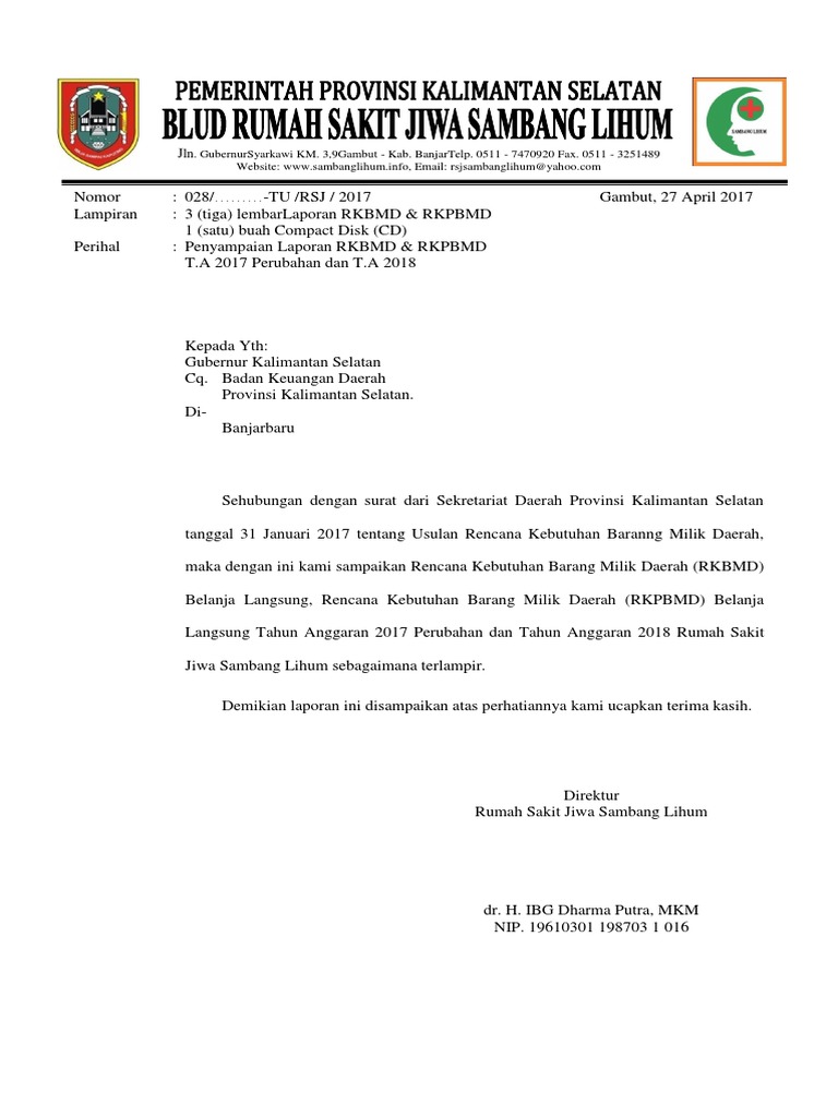 Surat Pengantar Laporan RKBMD & RKPBMD 2018 | PDF