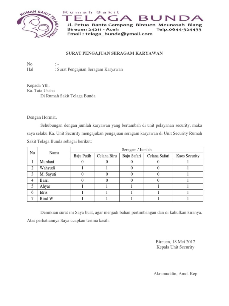 Contoh Surat Pengajuan Seragam Untuk Karyawan