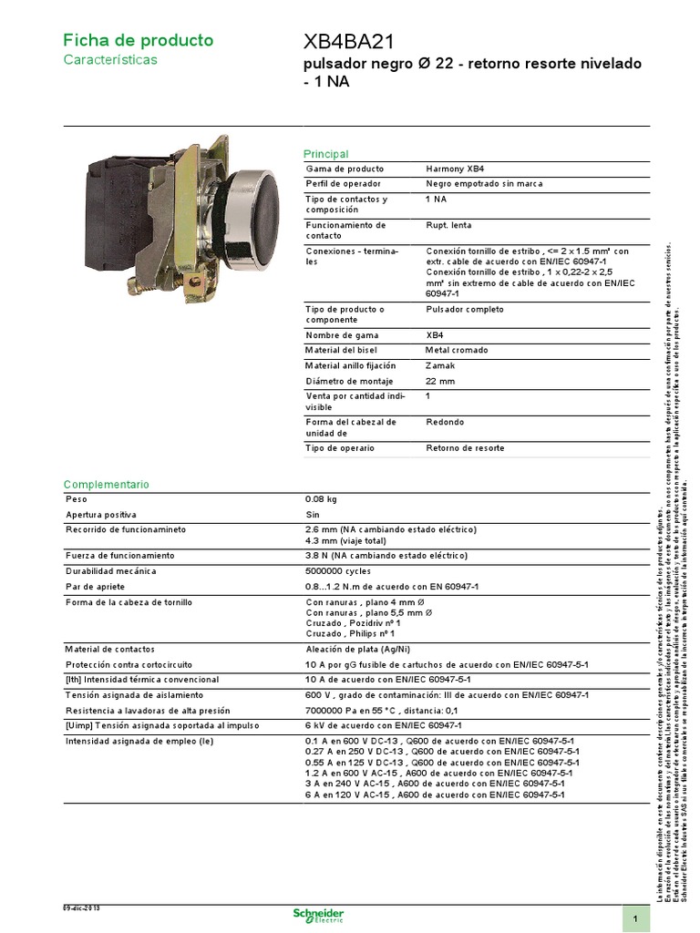 Schneider - XB4BA21 - Pulsante nero 22 - filoghiera ad impulso - 1NO | Spesa Elettrica
