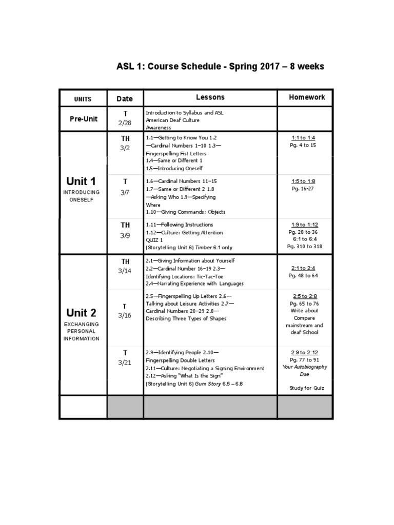 ASL 1 Spring 2017 Course Schedule | PDF | American Sign Language ...
