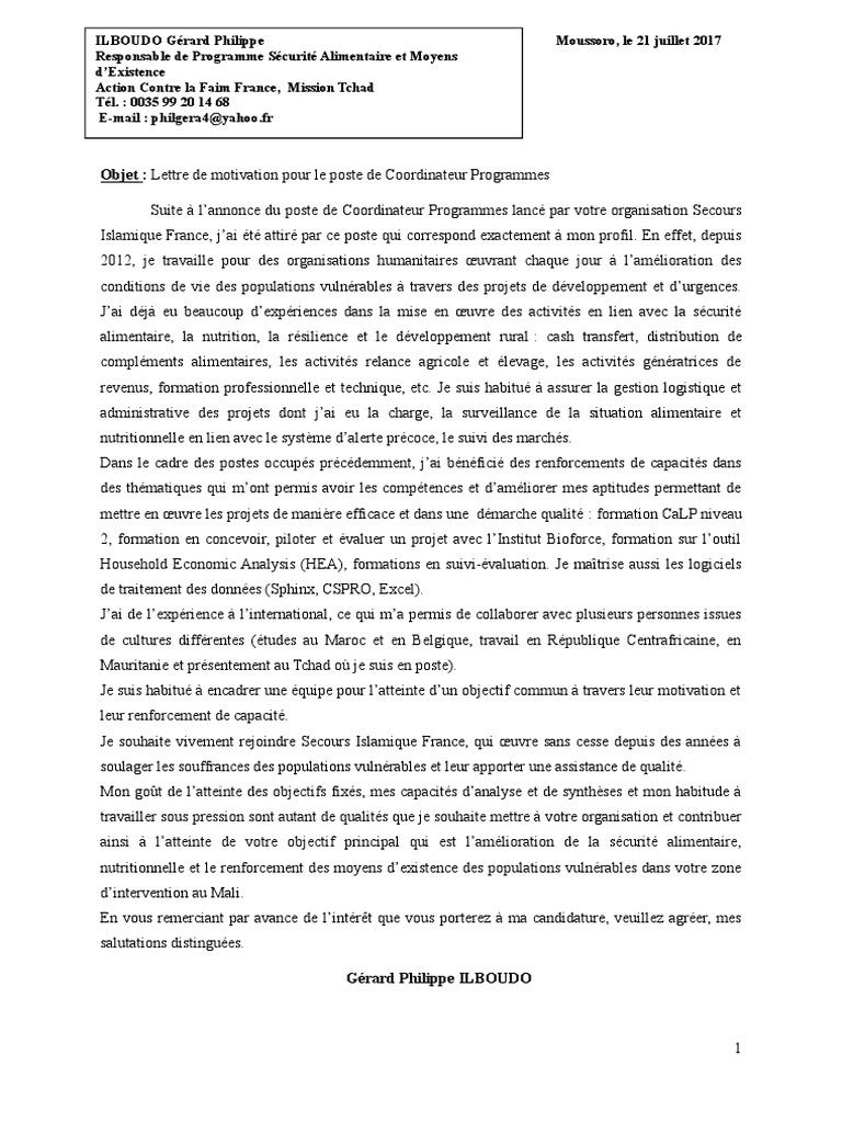 Lettre De Motivation Action Contre La Faim Thomas Rivera Ejemplo de Carta