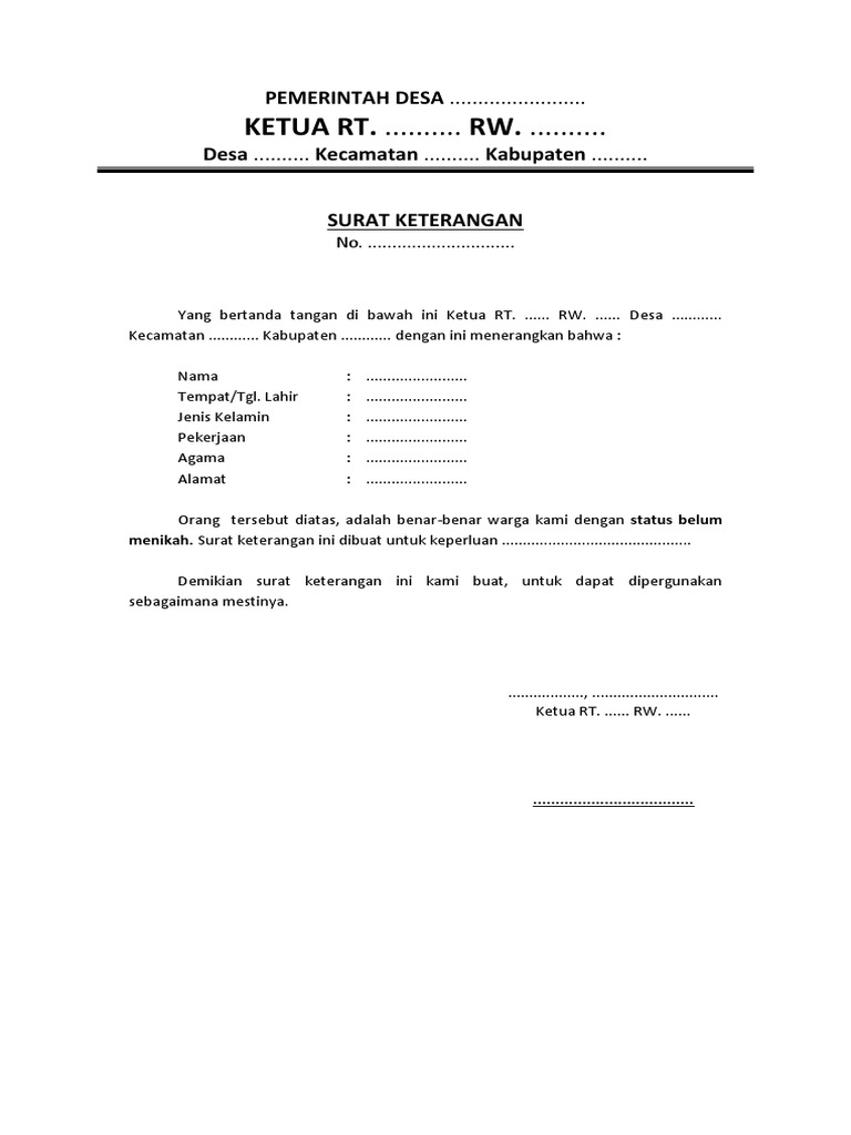 Surat Keterangan Belum Menikah Dari Rt Rw