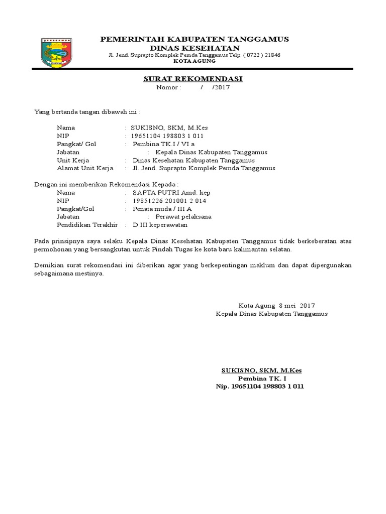 Surat Rekomendasi Pindah Mbak Sapta