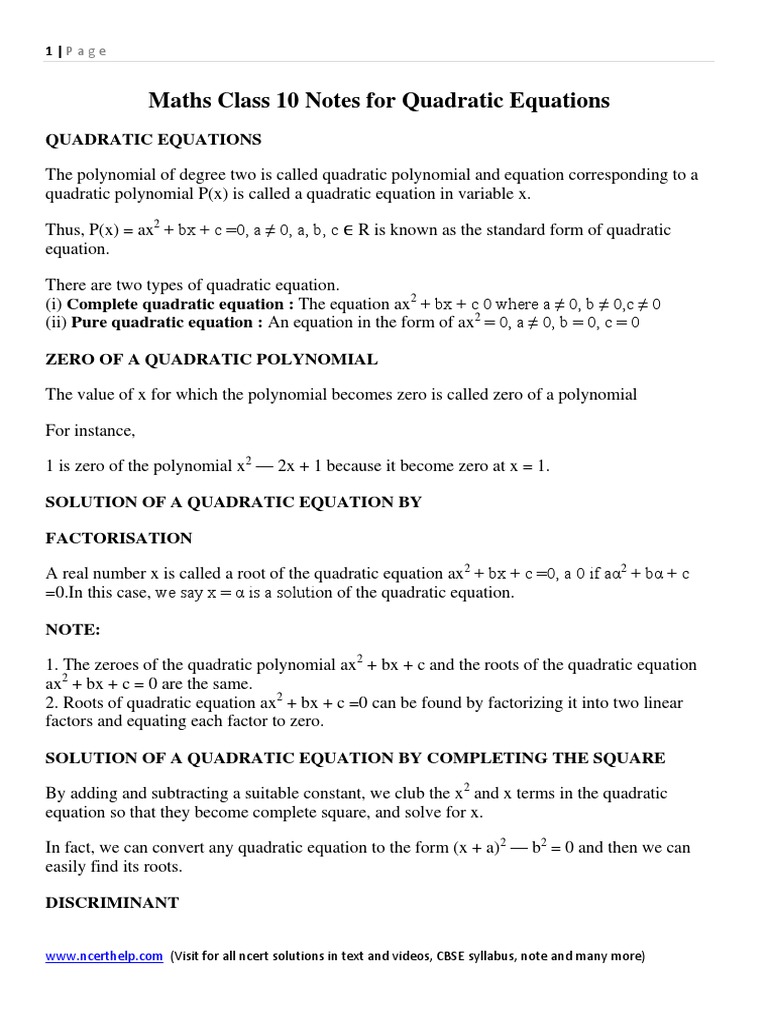 Class 10 Quadratic Equations Notes | PDF | Quadratic Equation | Polynomial