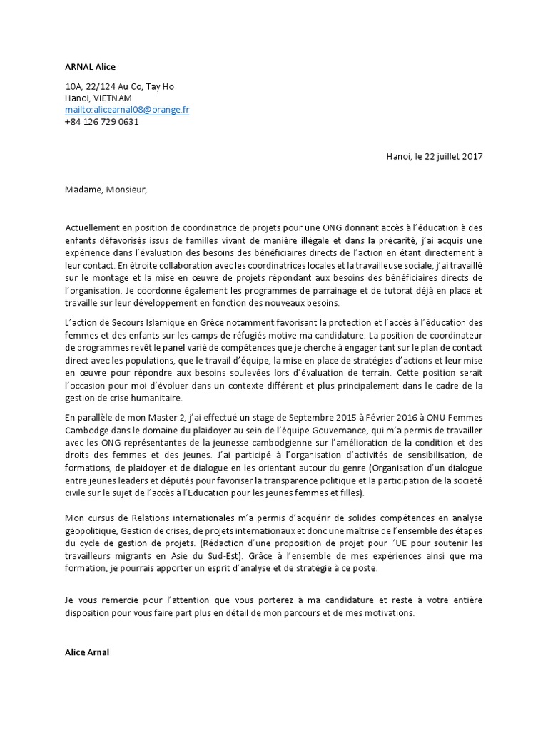 Lettre de Motivation Coordinateur de Programme 