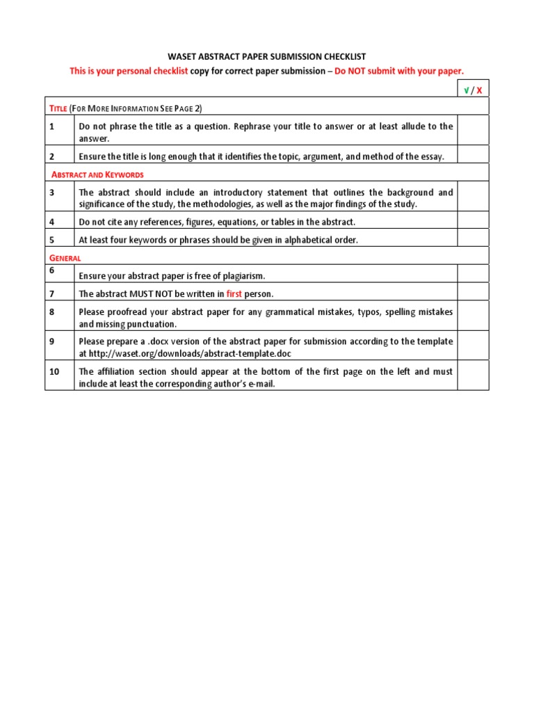 WASET Paper Submission Checklist | PDF | Abstract (Summary) | Essays