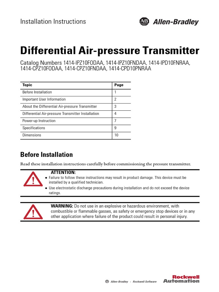 Differential AirPressure Transmitter Installation Instructions PDF