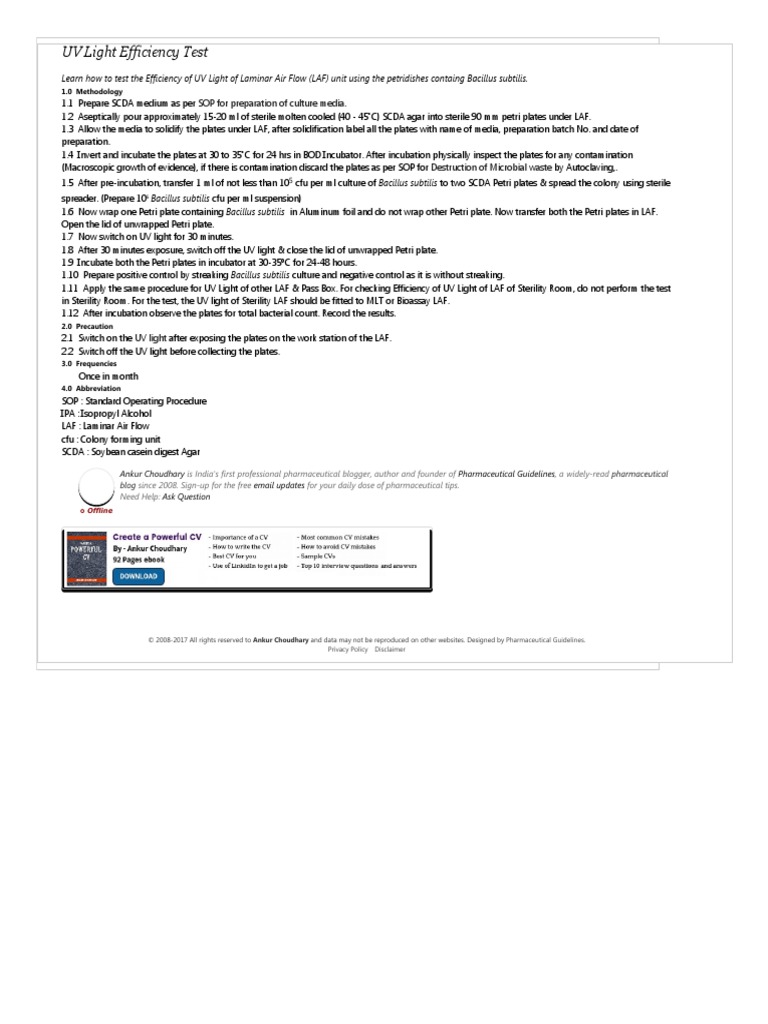 UV Light Efficiency Test Pharmaceutical Guidelines PDF Colony