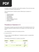 Precedence of Operators in C