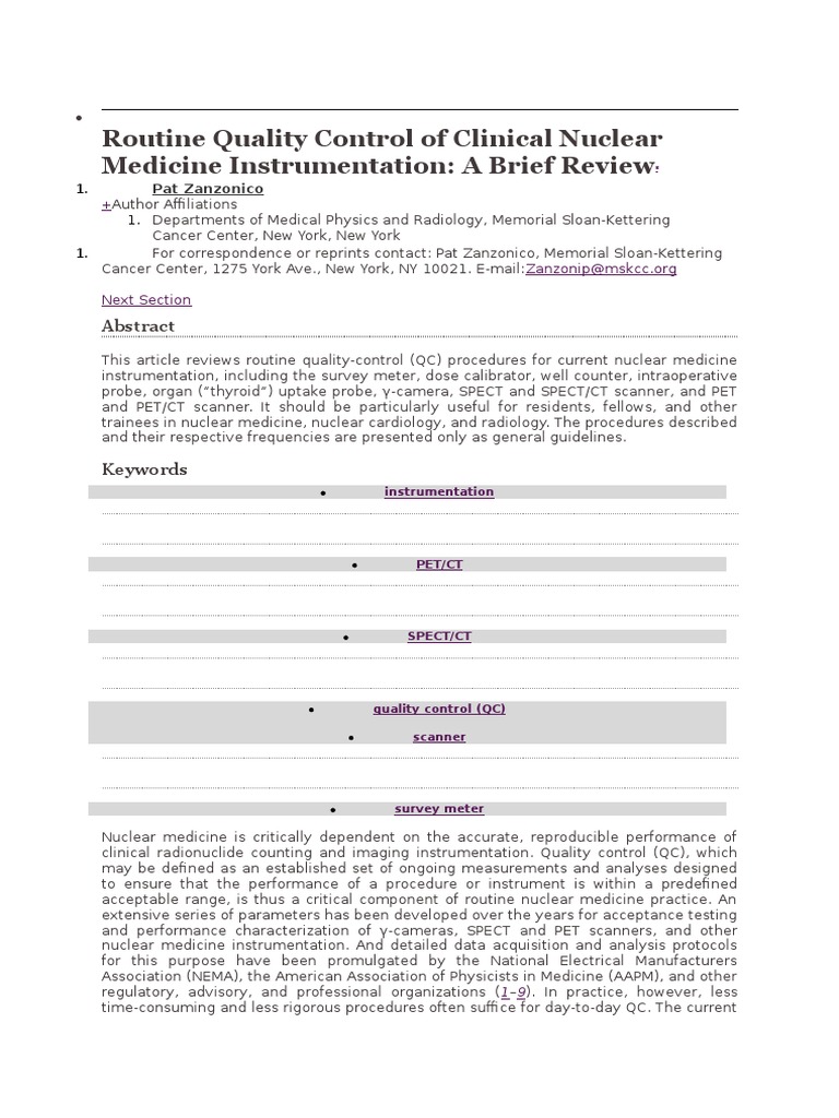 Routine Quality Control of Clinical Nuclear Medicine Instrumentation: A ...