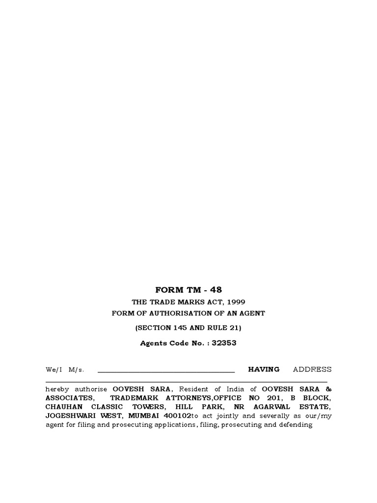 Trademark Registration TM 48 For Indian Trademark | PDF | Trademark ...