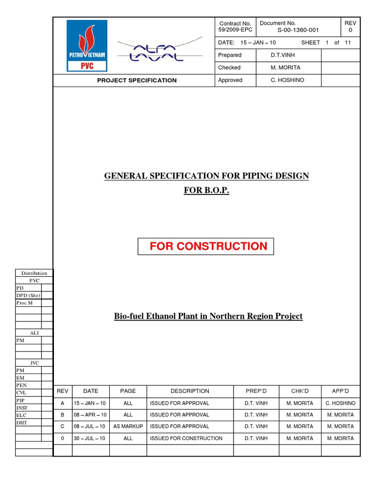 Piping Design Specification for Bio-Fuel Plant | PDF | Pipe (Fluid ...