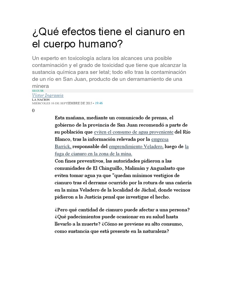 Qué Efectos Tiene El Cianuro en El Cuerpo Humano | PDF | Cianuro | Agua