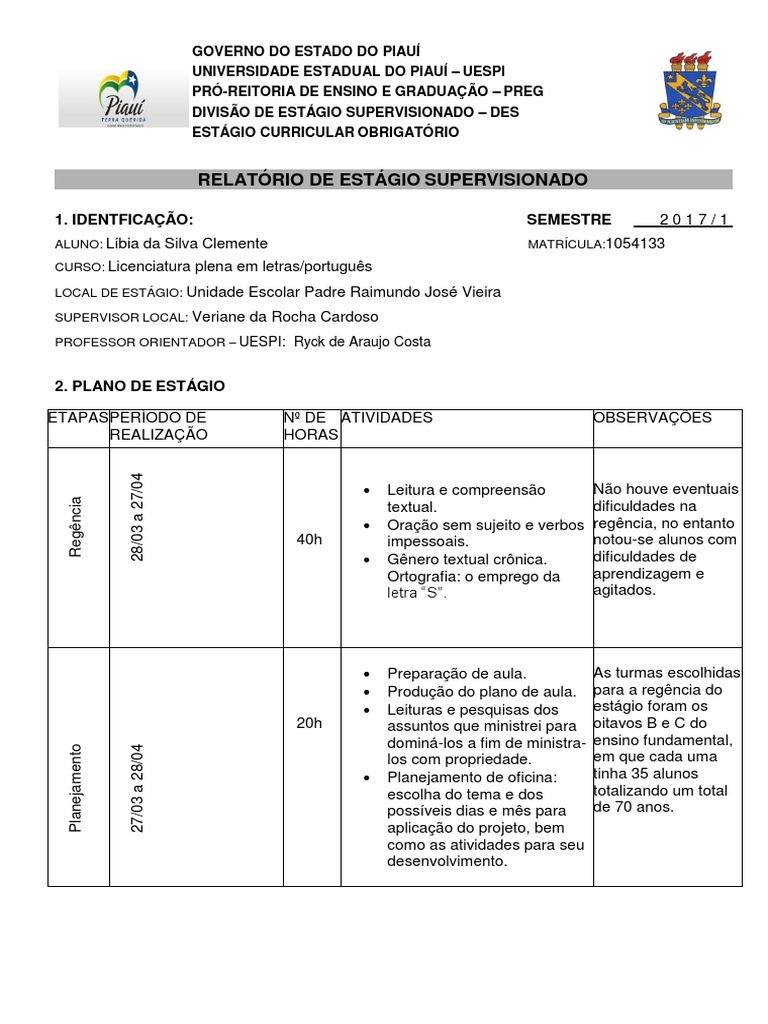 Relatório de Estágio Supervisionado | Lição | Pedagogia