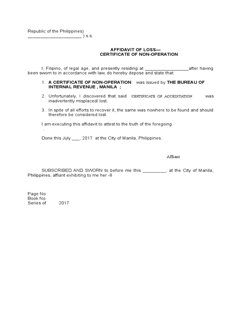Certificate of NonOperation Affidavit PDF