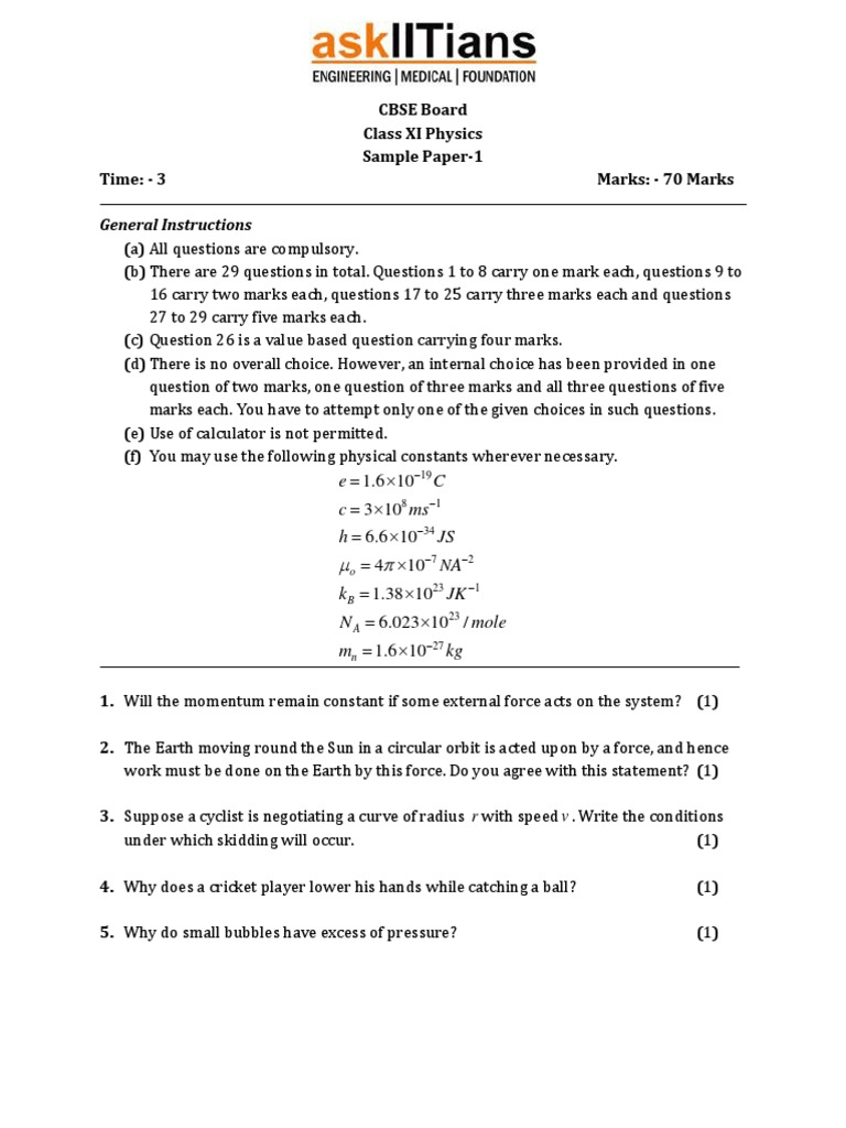 Class XI Physics Sample Paper 1 | PDF | Kinetic Energy | Force