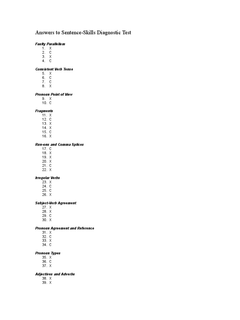 Answers To SentenceSkills Diagnostic Test 1. X 2. C 3. X 4. C PDF